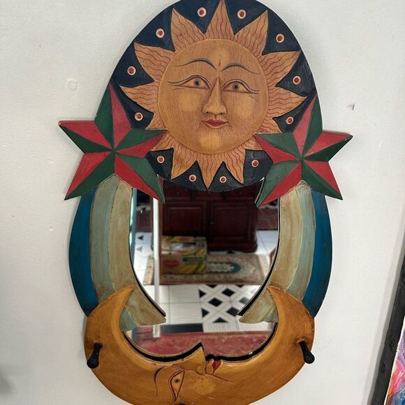 Vintage 23" Boho Celestial Wood Wall Mirror Moon Sun Stars Hand Painted Preowned - Picture 12 of 12